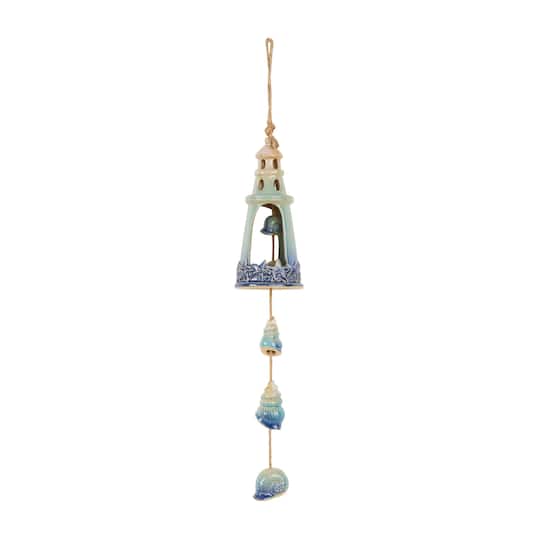 23&#x22; Blue Ceramic Light House Ombre Windchime with Shell &#x26; Starfish Accents